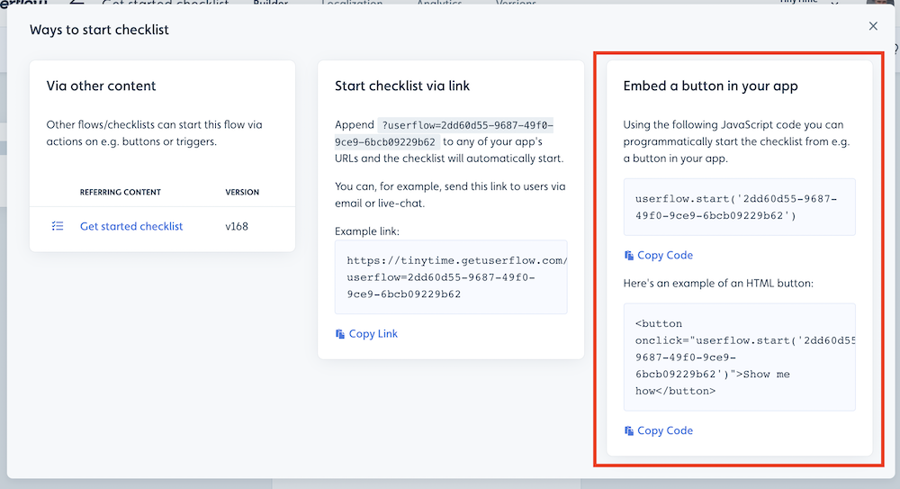 View other ways to start a flow/checklist - embedded button